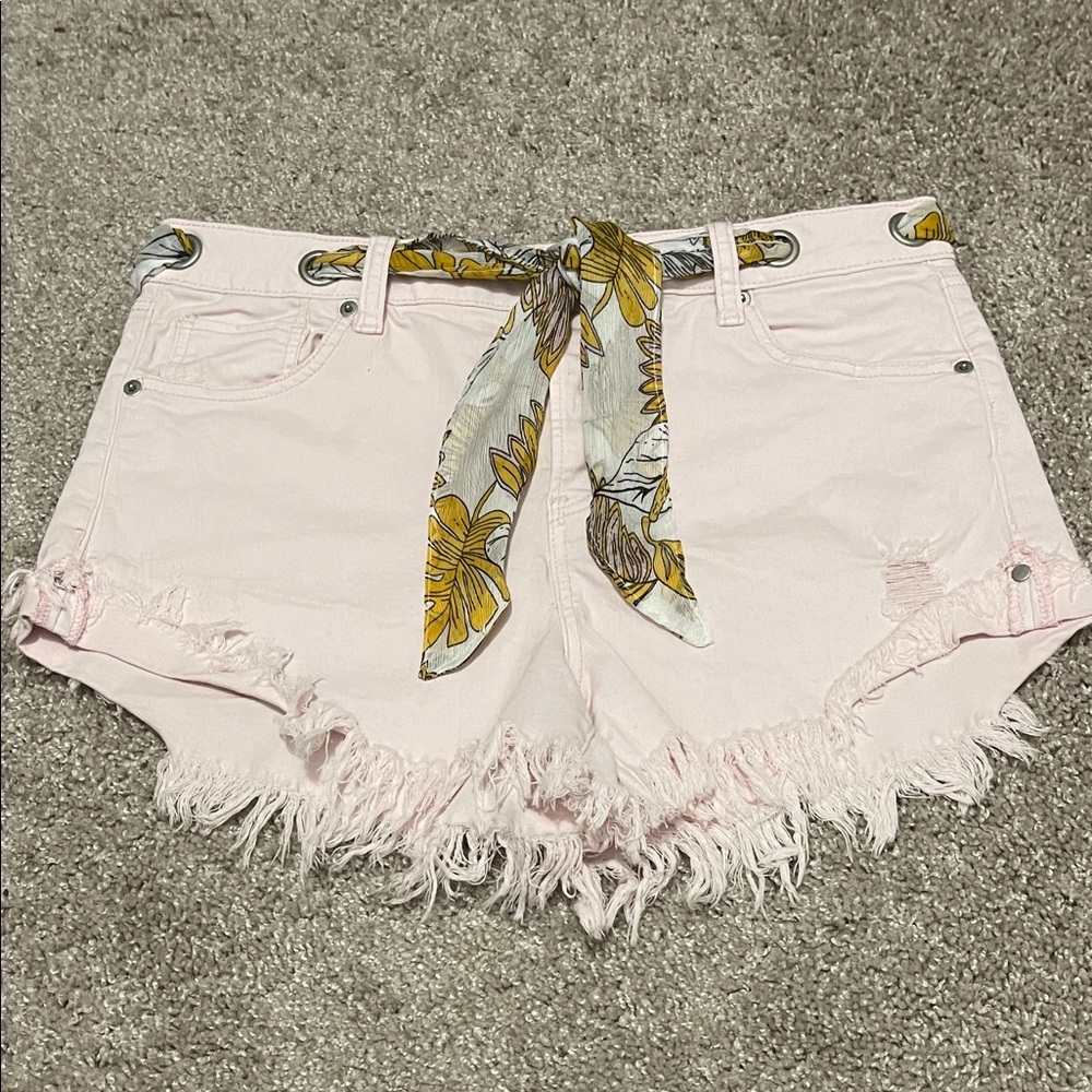 Pale Pink Distressed Denim Shorts